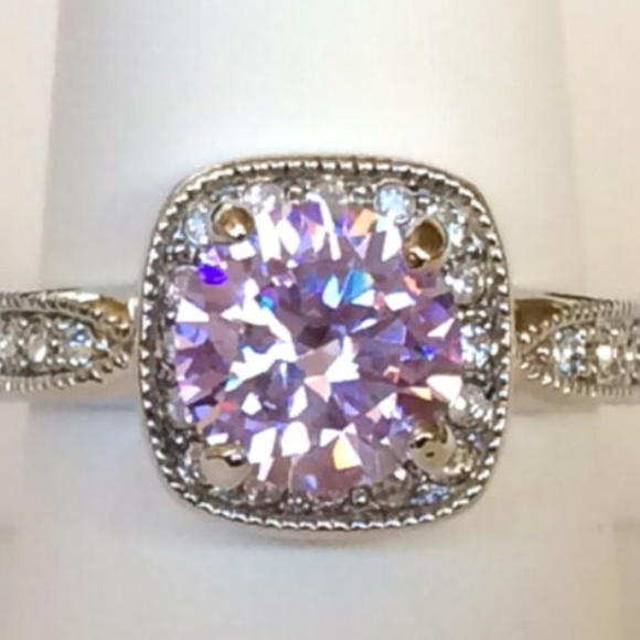 Silver Deco Amethyst Halo Cocktail Ring Size 10 Purple Cubic Zirconia Rodium - Picture 5 of 8
